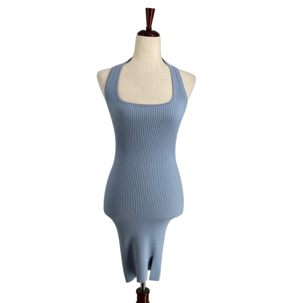 Lovers and Friends Halter Sweater Ribbed Knit Bodycon Dress M Blue Open Back